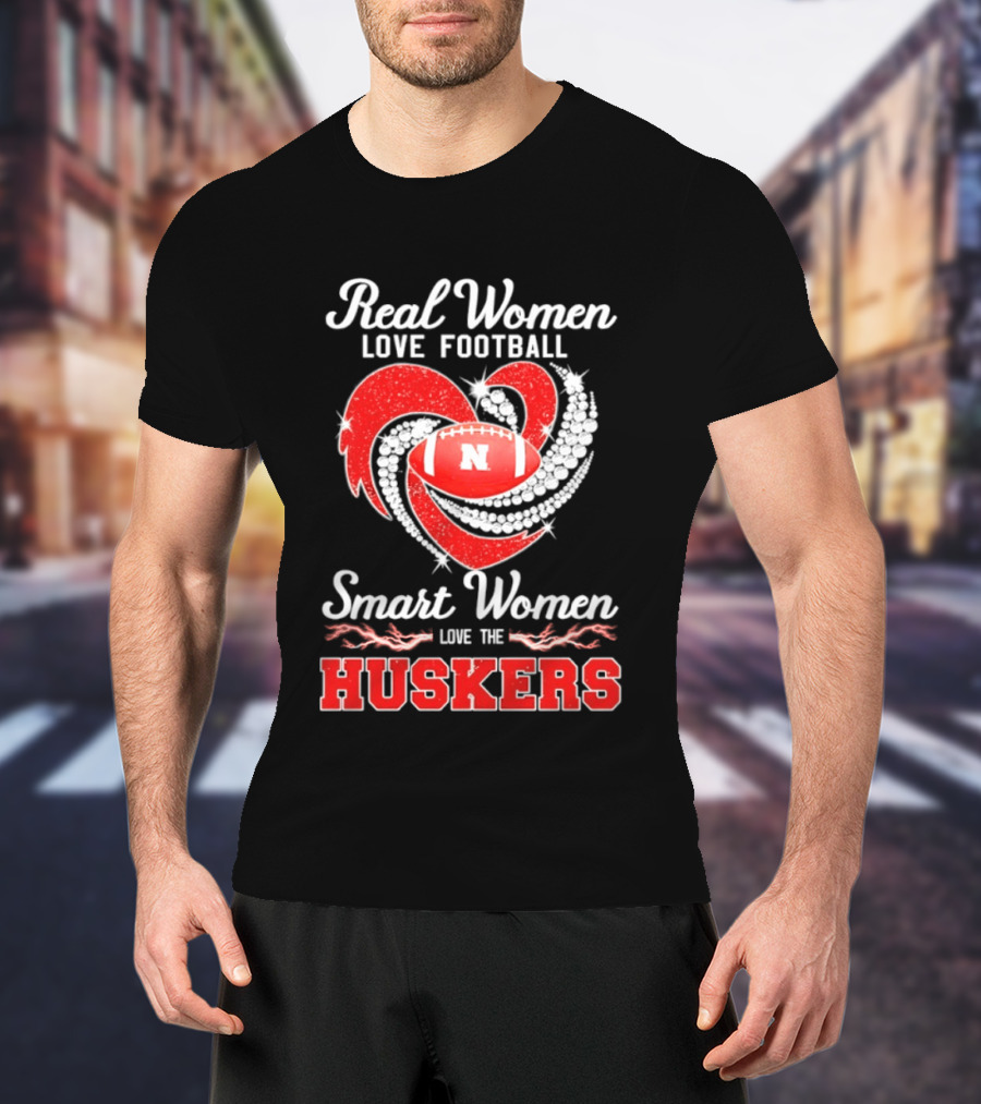 Real Women Love Football Smart Women Love The Nebraska Huskers Football Heart T-Shirt