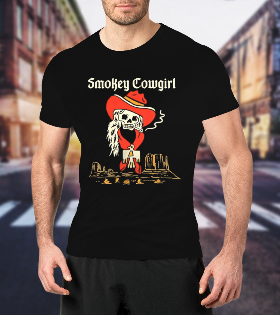 Smokey Cowgirl Western Skeleton Cowboy Desert Scene T-Shirt