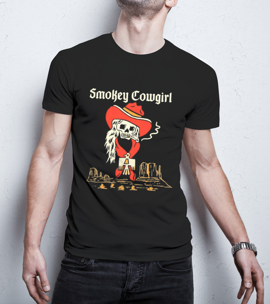 Smokey Cowgirl Western Skeleton Cowboy Desert Scene T-Shirt