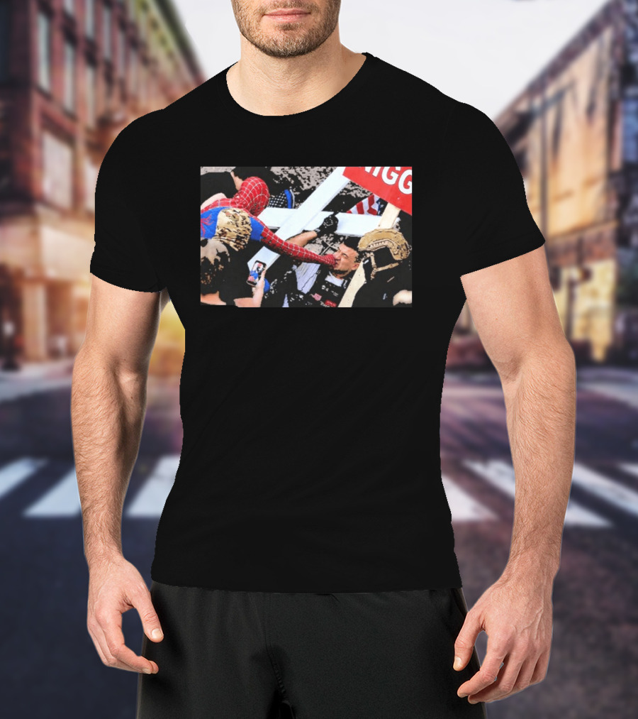 Spiderman Punch A Nazi Humor Superhero Comic Book Action Scene T-Shirt