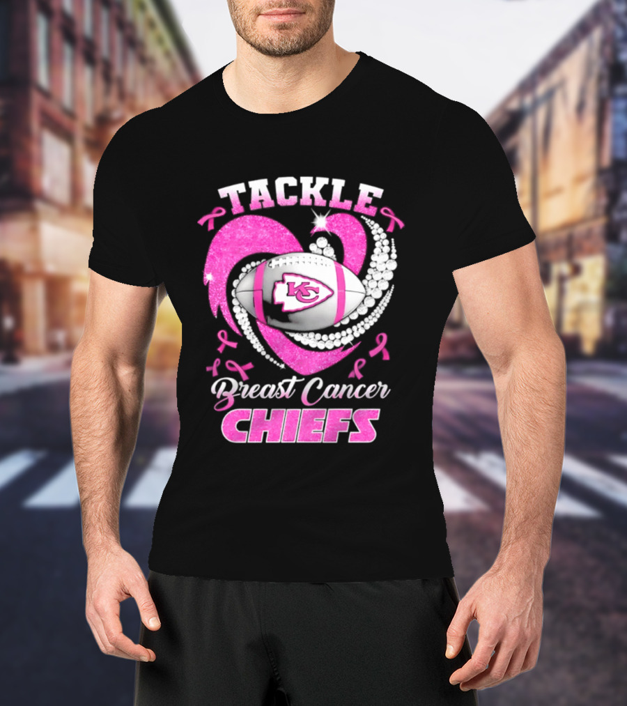 Tackle Breast Cancer Kansas City Chiefs Pink Ribbon Football Heart T-Shirt