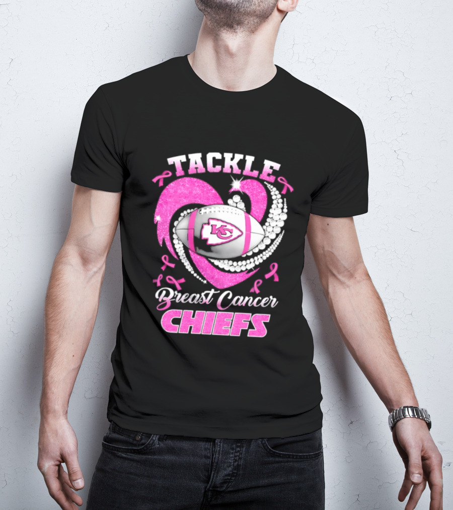 Tackle Breast Cancer Kansas City Chiefs Pink Ribbon Football Heart T-Shirt