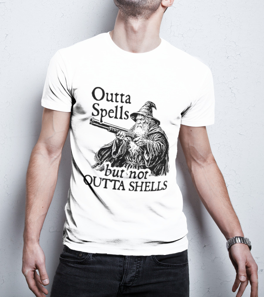 Outta Spells But Not Outta Shells Wizard With Shotgun T-Shirt