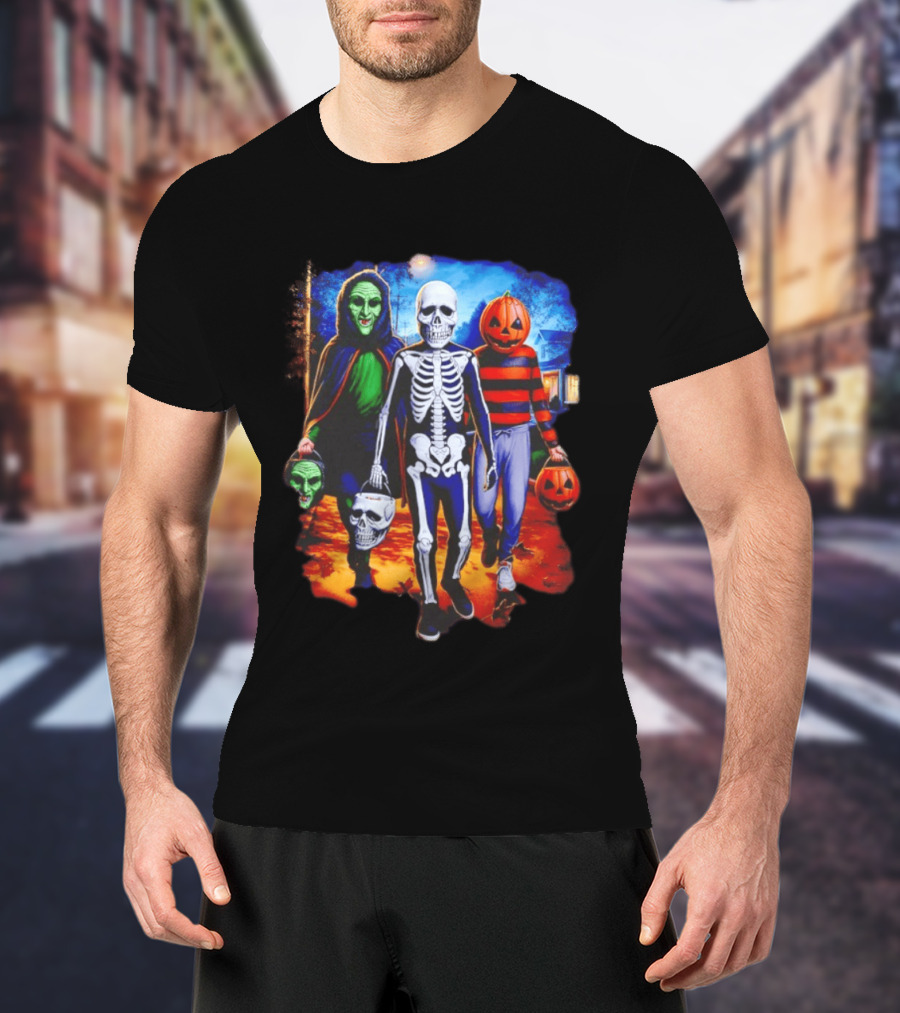 2026 Halloween Trick Or Treat Trio Skeleton Witch Pumpkin Night T-Shirt