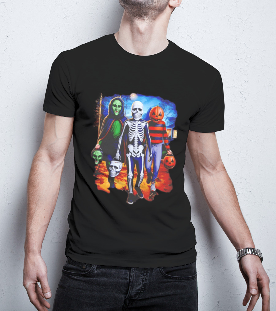 2026 Halloween Trick Or Treat Trio Skeleton Witch Pumpkin Night T-Shirt