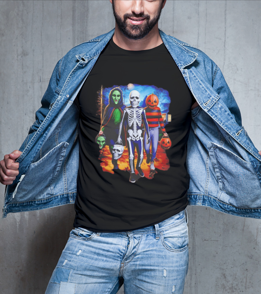 2026 Halloween Trick Or Treat Trio Skeleton Witch Pumpkin Night T-Shirt