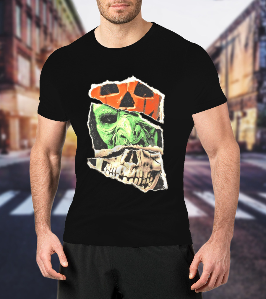 Halloween Trio Three Masks Horror Season Of The Witch Pumpkin Skull Green Mask T-Shirt