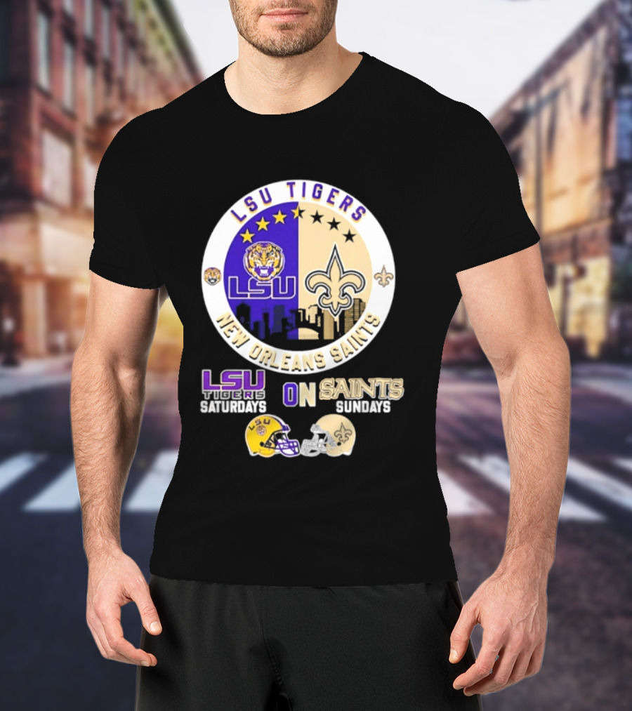 LSU Tigers New Orleans Saints Skyline Helmet Celebration Saturdays Sundays T-Shirt