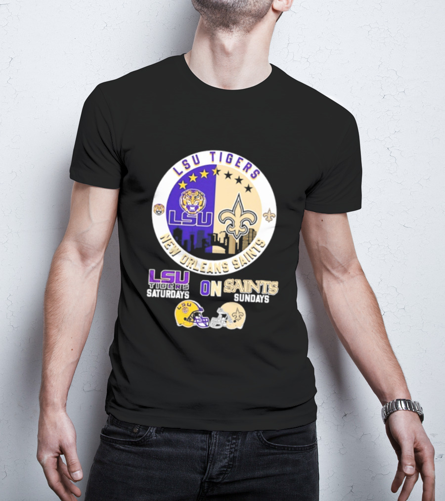 LSU Tigers New Orleans Saints Skyline Helmet Celebration Saturdays Sundays T-Shirt
