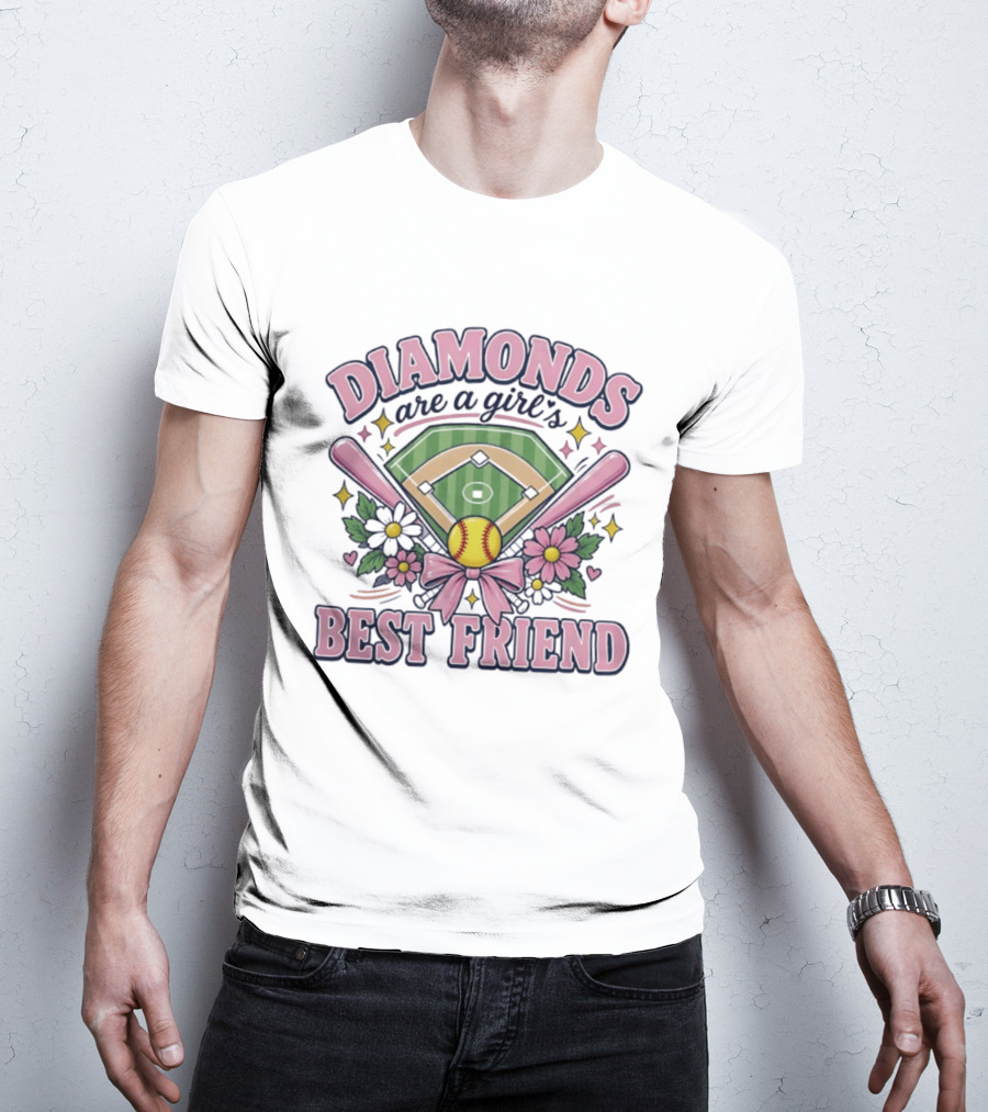 Diamonds Are A Girl's Best Friend Softball Field Pink Bats Floral Stars T-Shirt