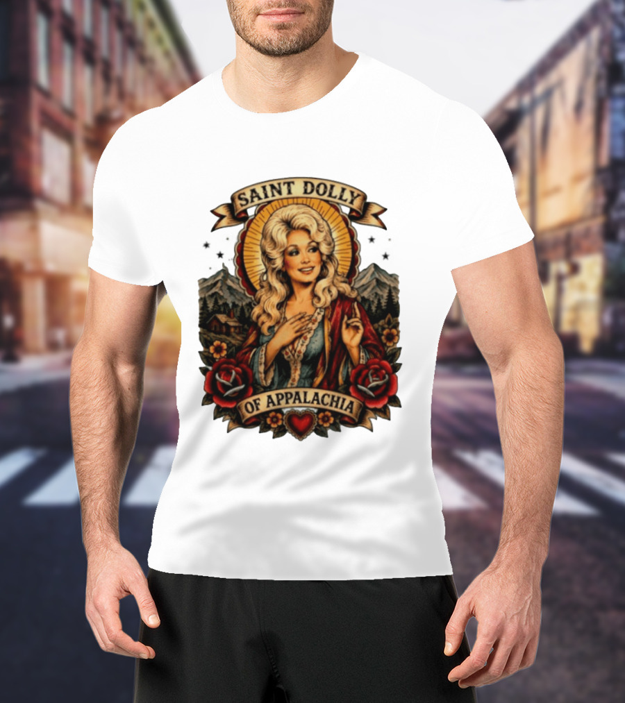 Saint Dolly Of Appalachia Iconic Tribute With Roses And Mountains T-Shirt