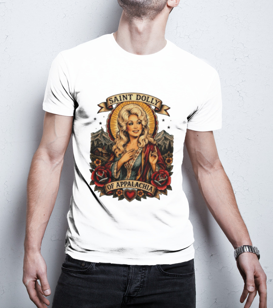 Saint Dolly Of Appalachia Iconic Tribute With Roses And Mountains T-Shirt