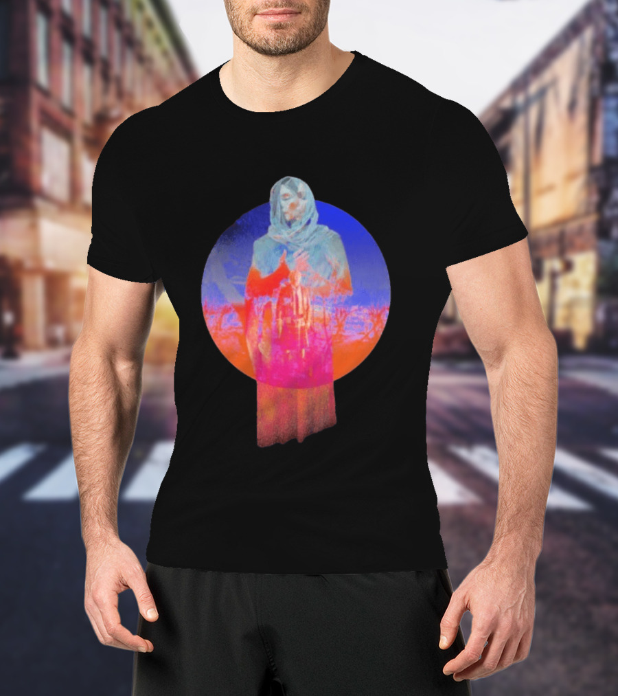Hot Spot Eclipse Surreal Mystical Figure Eerie Hooded Apparition In Vibrant Color Spectrum T-Shirt