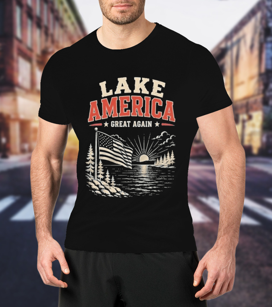 Lake America Great Again With Sunset And Flag Scene T-Shirt