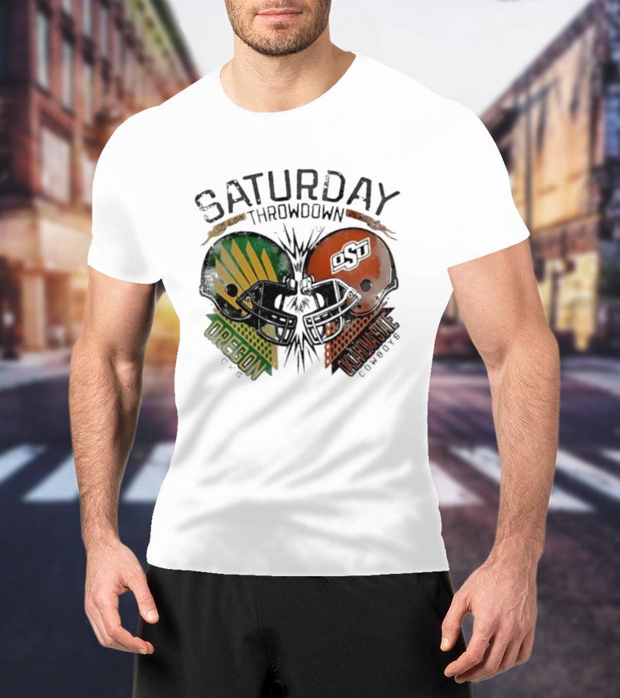 Oklahoma State Vs Oregon Saturday Throwdown 2026 Helmet Clash T-Shirt