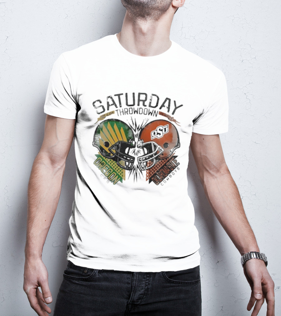 Oklahoma State Vs Oregon Saturday Throwdown 2026 Helmet Clash T-Shirt