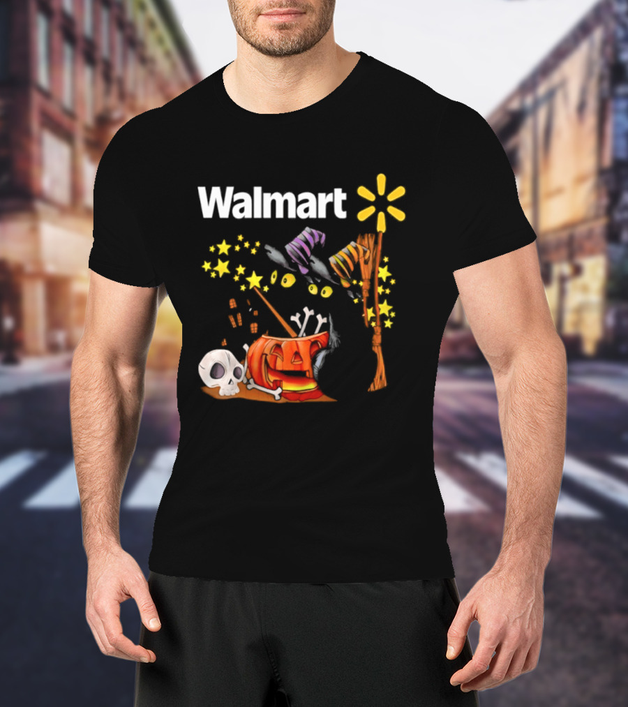 Walmart Halloween 2026 Black Cats With Witch Hats Pumpkin Skull And Stars T-Shirt