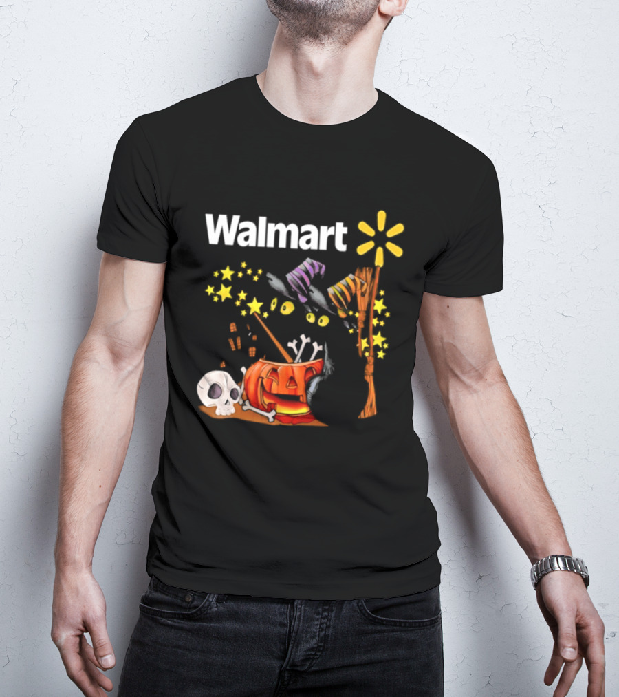 Walmart Halloween 2026 Black Cats With Witch Hats Pumpkin Skull And Stars T-Shirt