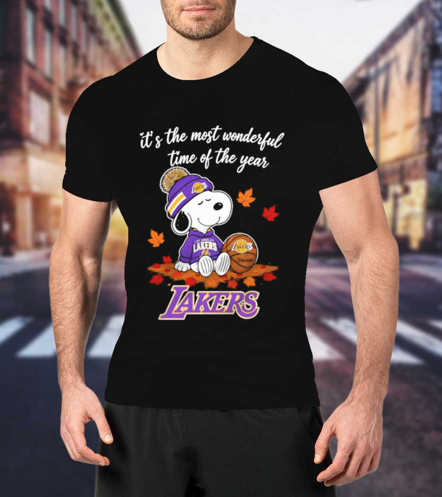 Los Angeles Lakers Snoopy Halloween 2026 It's The Most Wonderful Time Of The Year Peanuts Basketball Fall Leaves T-Shirt
