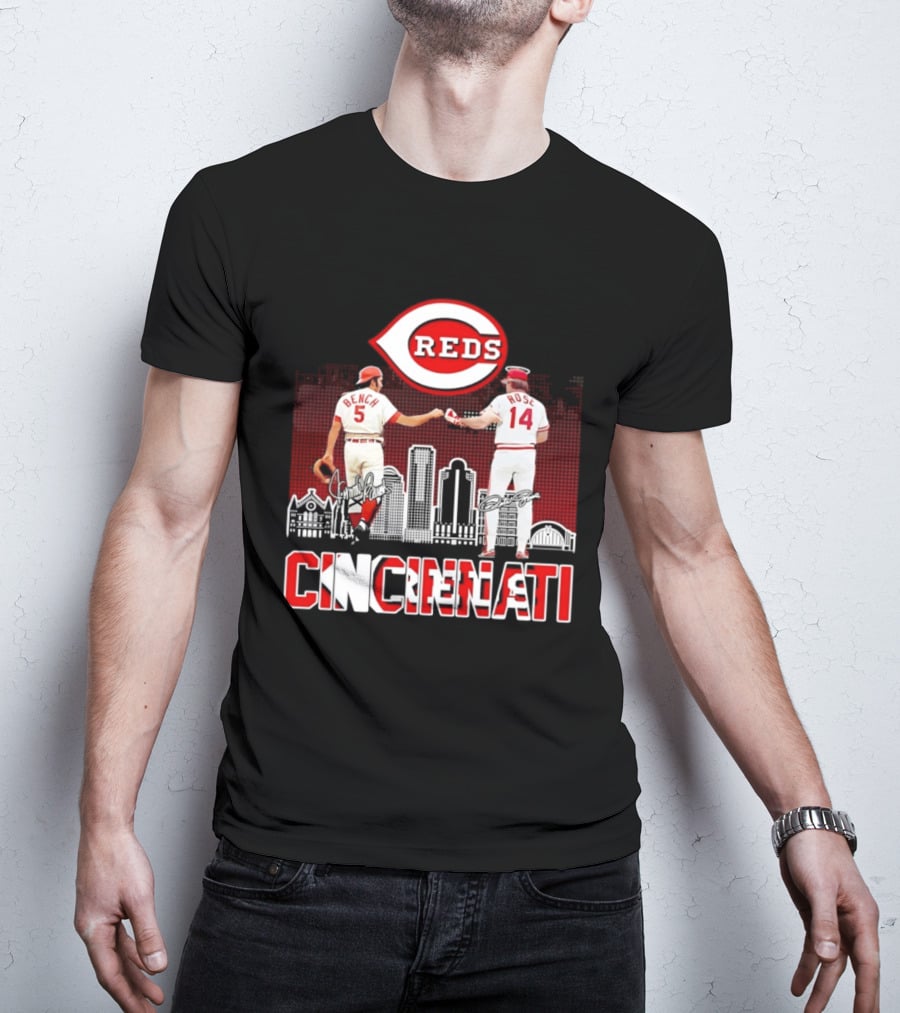 Cincinnati Reds Bench And Rose Skyline Signatures T-Shirt