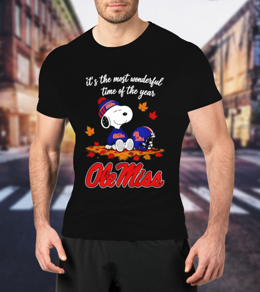 Ole Miss Snoopy It's The Most Wonderful Time Of The Year Fall Leaves T-Shirt