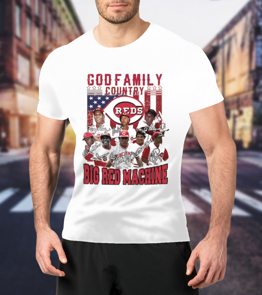 Cincinnati Reds God Family Country Big Red Machine Reds Signatures T-Shirt