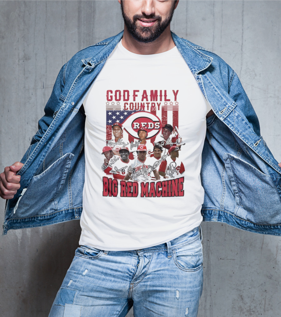 Cincinnati Reds God Family Country Big Red Machine Reds Signatures T-Shirt