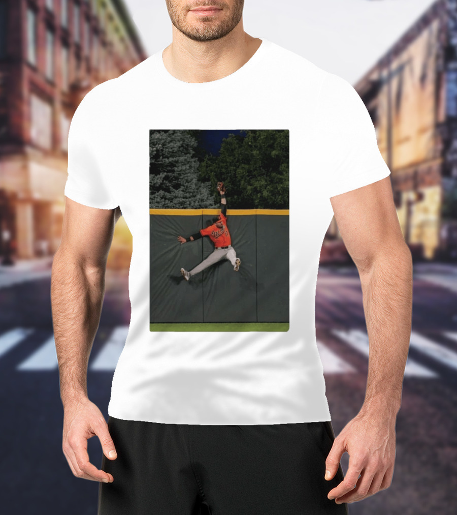 Colton Cowser Catch At Wall Wearing Red O's Jersey In Field Action T-Shirt