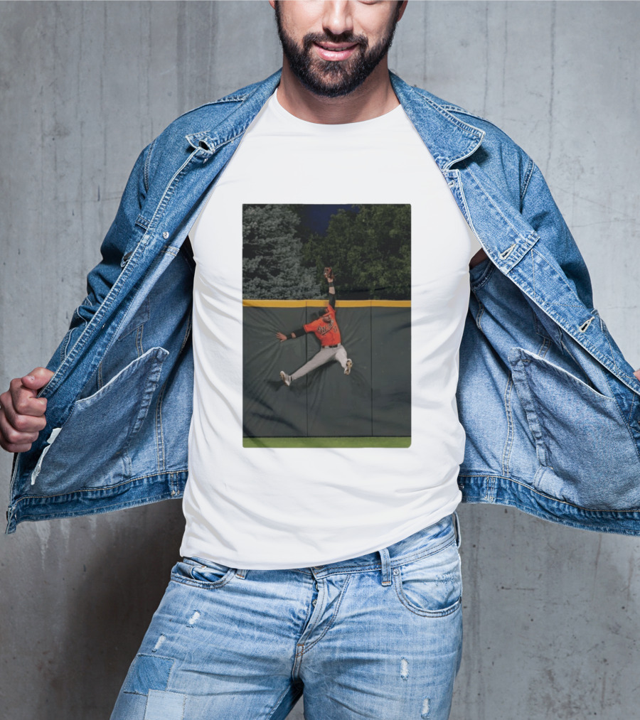 Colton Cowser Catch At Wall Wearing Red O's Jersey In Field Action T-Shirt