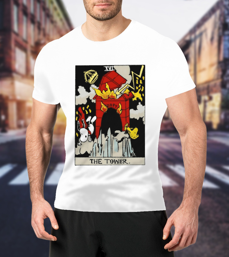 Snoopy The Tower Tarot Card XVII Lightning Flames Clouds Woodstock T-Shirt