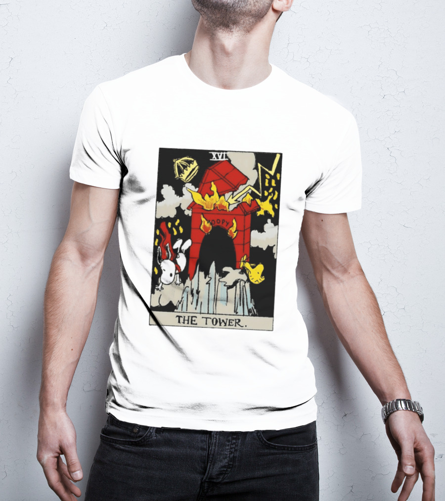 Snoopy The Tower Tarot Card XVII Lightning Flames Clouds Woodstock T-Shirt