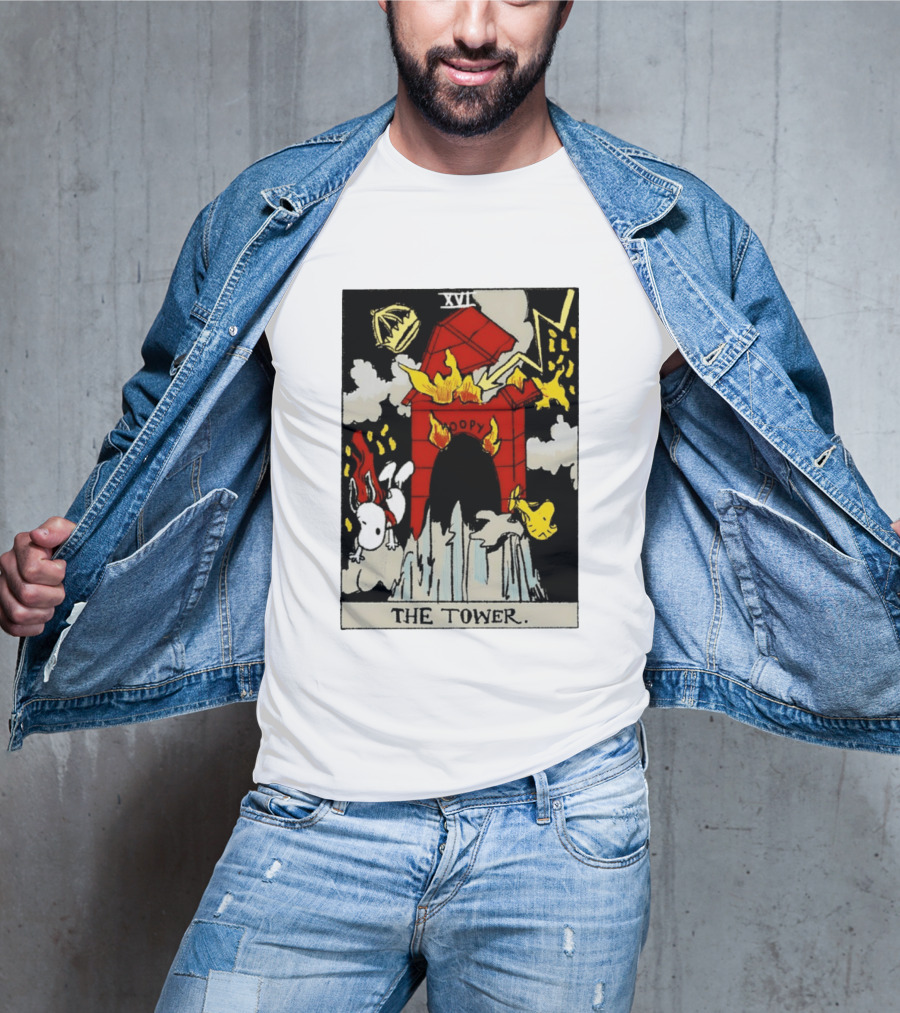Snoopy The Tower Tarot Card XVII Lightning Flames Clouds Woodstock T-Shirt
