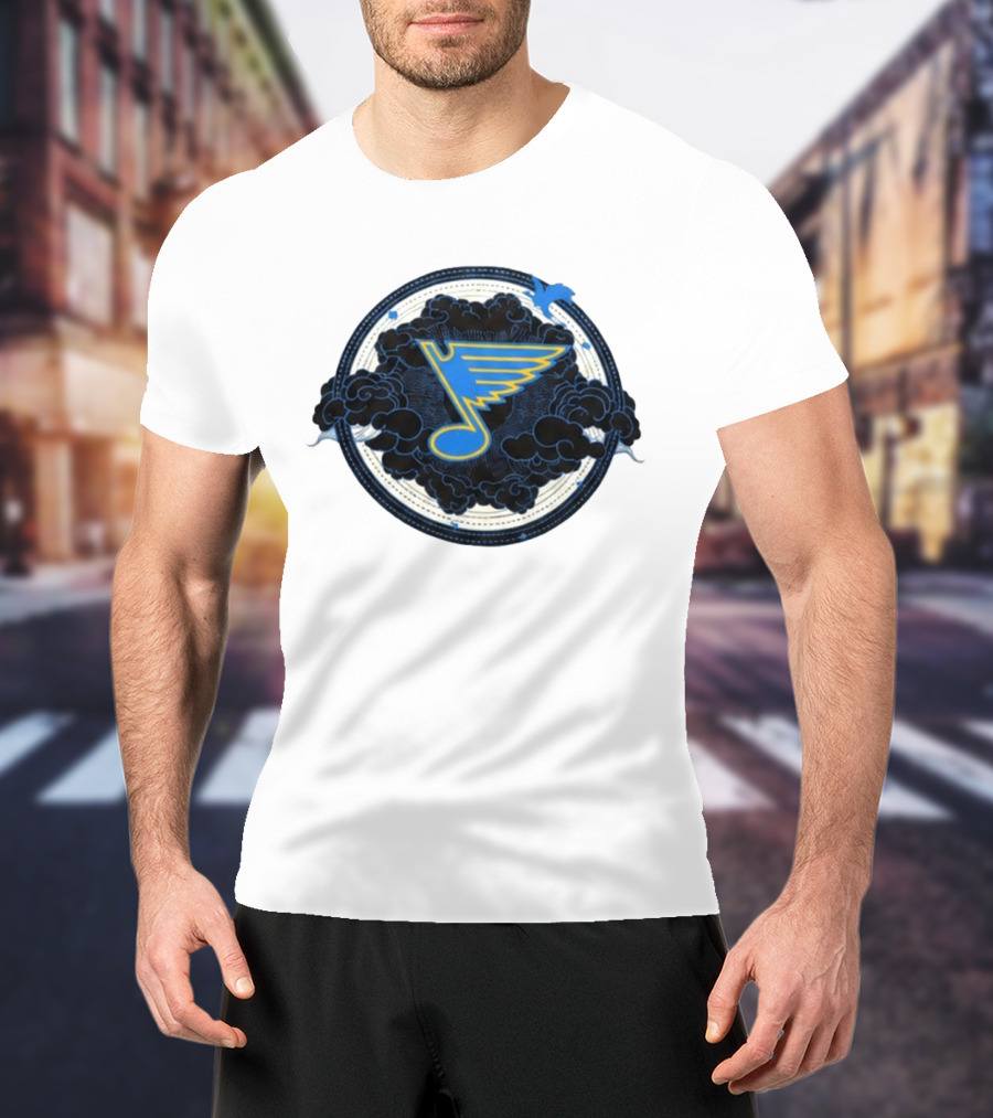 STL Blues Fourth Wing Night 2026 Circle Blue Emblem With Musical Note And Clouds T-Shirt