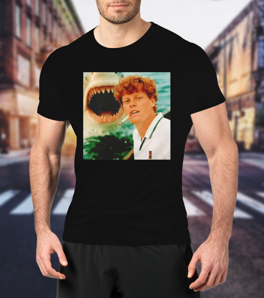 Jannik Sinner Smoking With Jaws Shark Behind T-Shirt