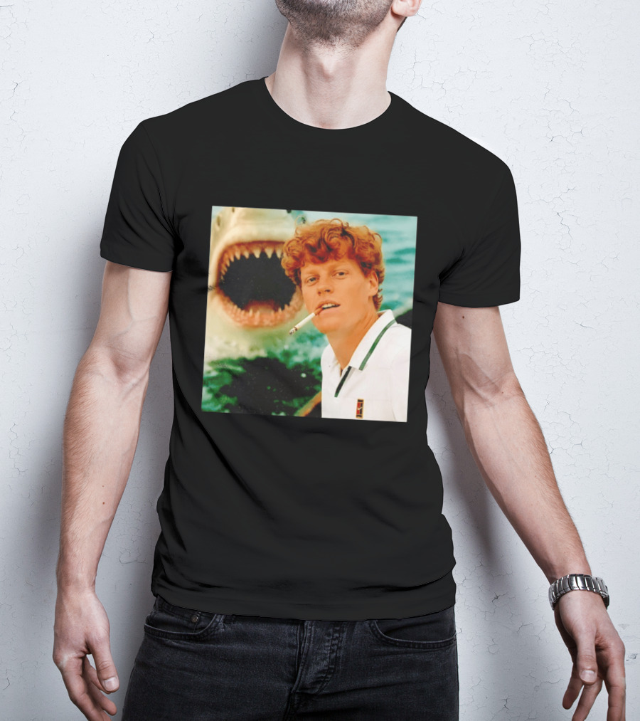 Jannik Sinner Smoking With Jaws Shark Behind T-Shirt