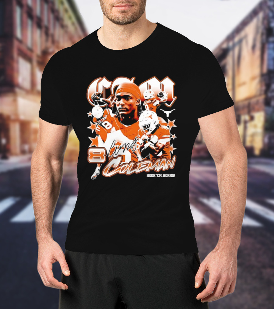 Cameron Coleman 8 Texas Longhorns NCAA Football Star Player Action T-Shirt