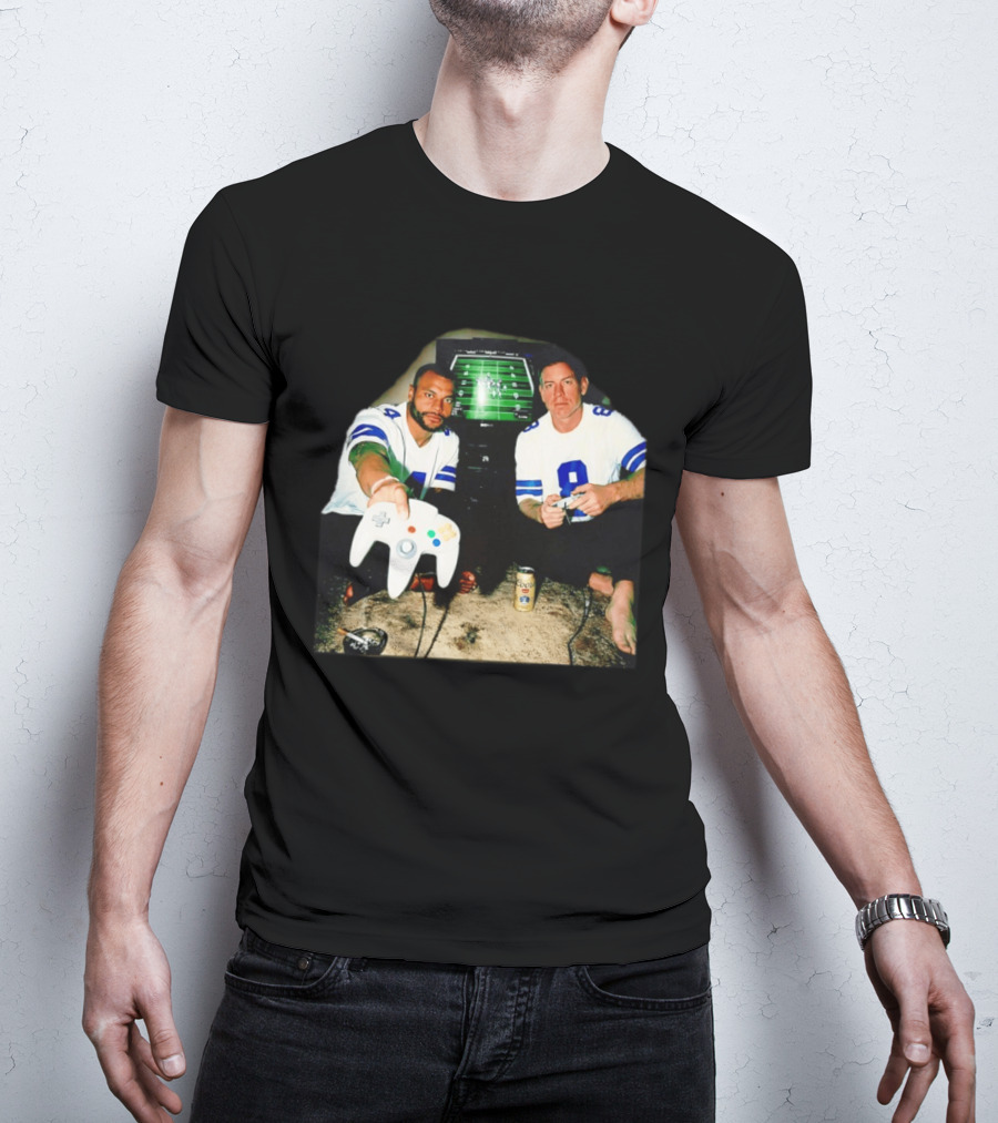 Dak Prescott Troy Aikman Dallas Cowboys Retro Gaming Session T-Shirt