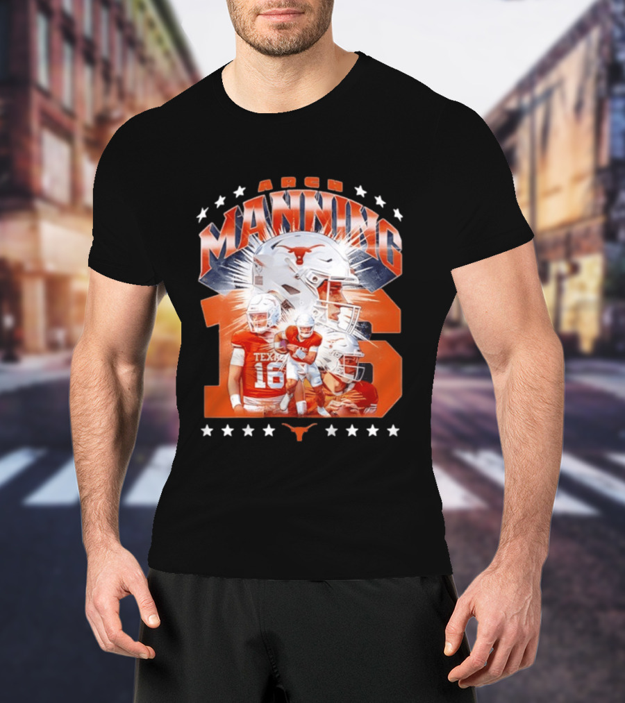Texas Longhorns Arch Manning NCAA Football Collage Star Player Number 16 T-Shirt