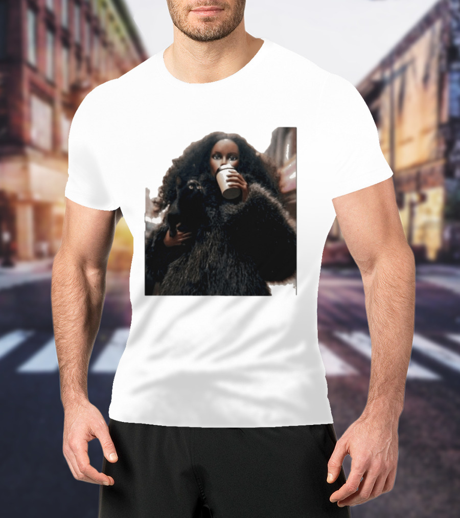 Diana's Cat Club Fashionable Coffee Moment With Furry Coat And Black Cat T-Shirt