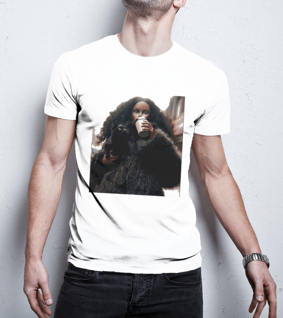 Diana's Cat Club Fashionable Coffee Moment With Furry Coat And Black Cat T-Shirt