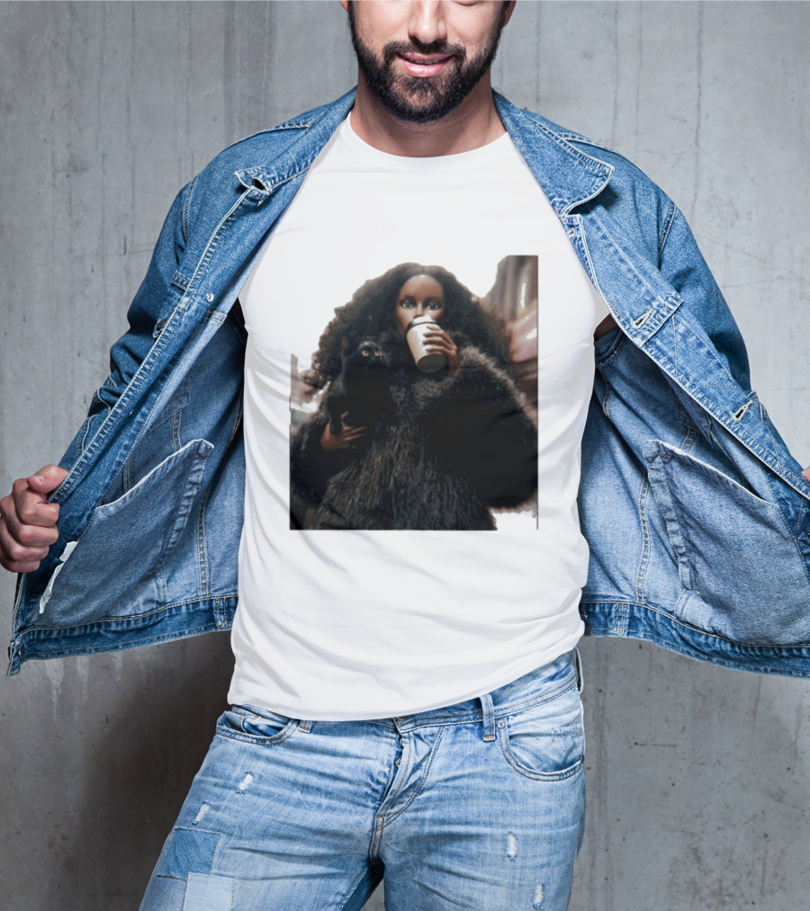 Diana's Cat Club Fashionable Coffee Moment With Furry Coat And Black Cat T-Shirt