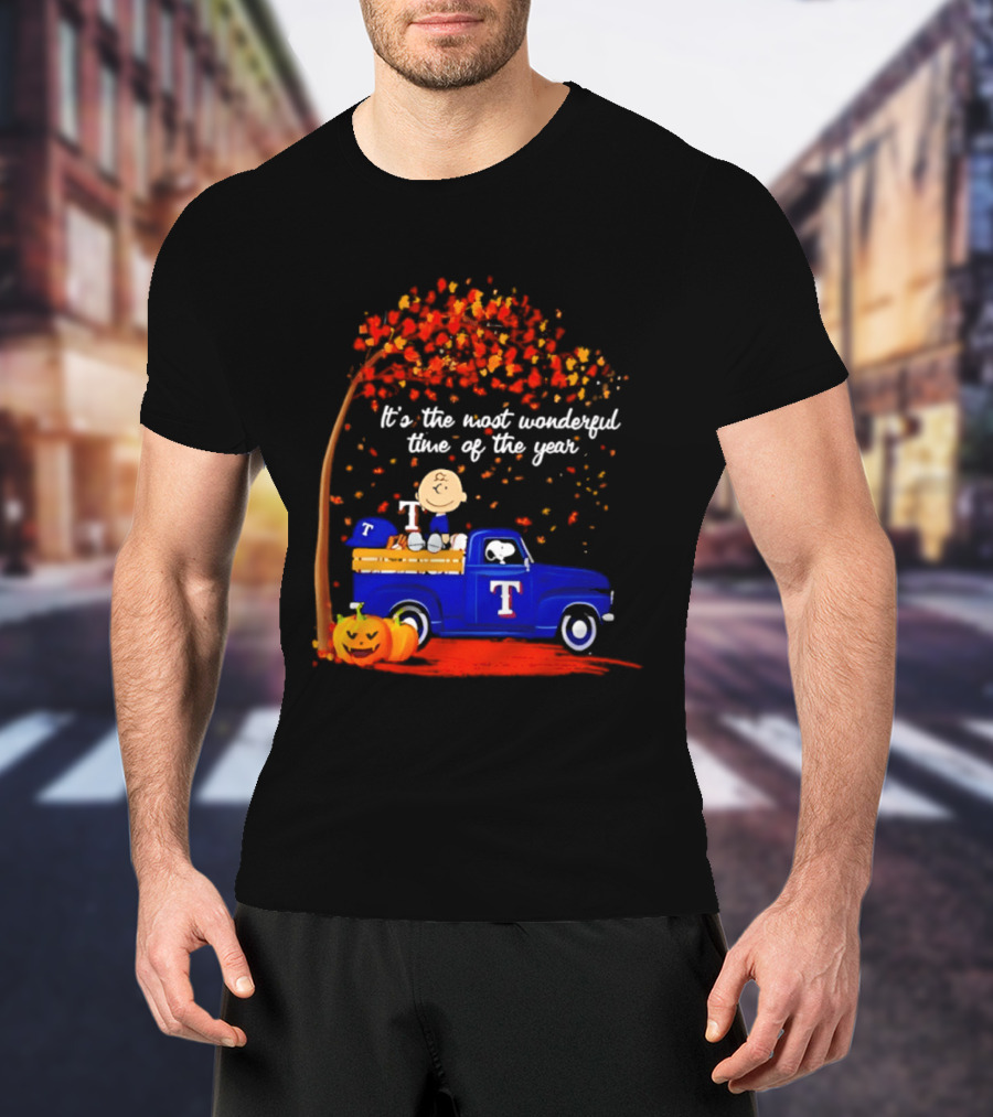 Snoopy Charlie Brown Texas Rangers Halloween 2026 It's The Most Wonderful Time Of The Year Truck Pumpkins T-Shirt