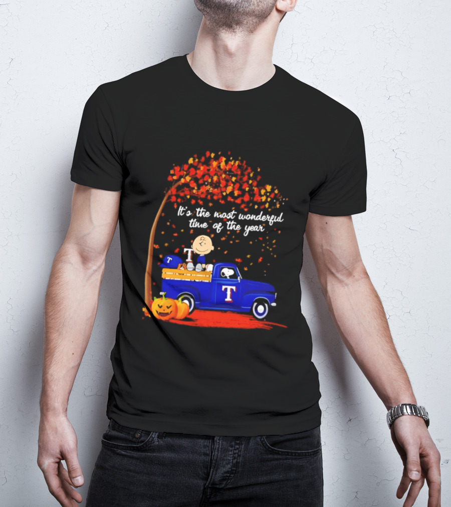 Snoopy Charlie Brown Texas Rangers Halloween 2026 It's The Most Wonderful Time Of The Year Truck Pumpkins T-Shirt