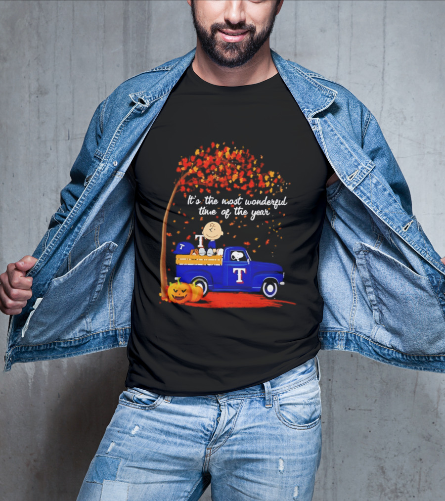 Snoopy Charlie Brown Texas Rangers Halloween 2026 It's The Most Wonderful Time Of The Year Truck Pumpkins T-Shirt