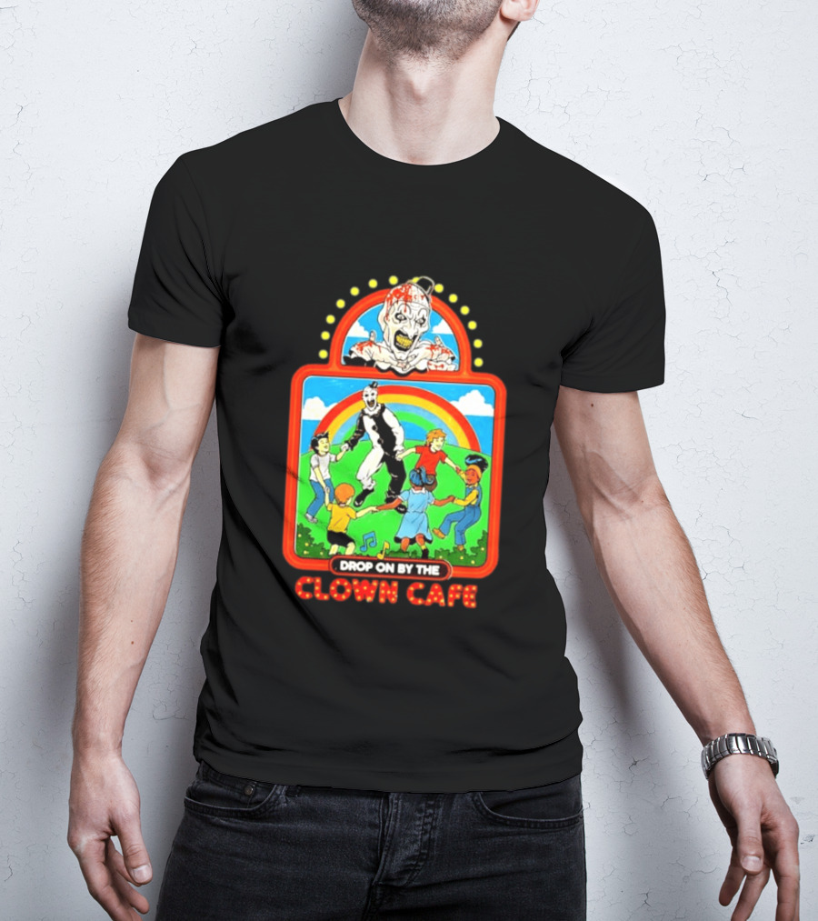 Drop On By The Clown Cafe Creepy Clown Horror With Rainbow And Dancing Kids T-Shirt
