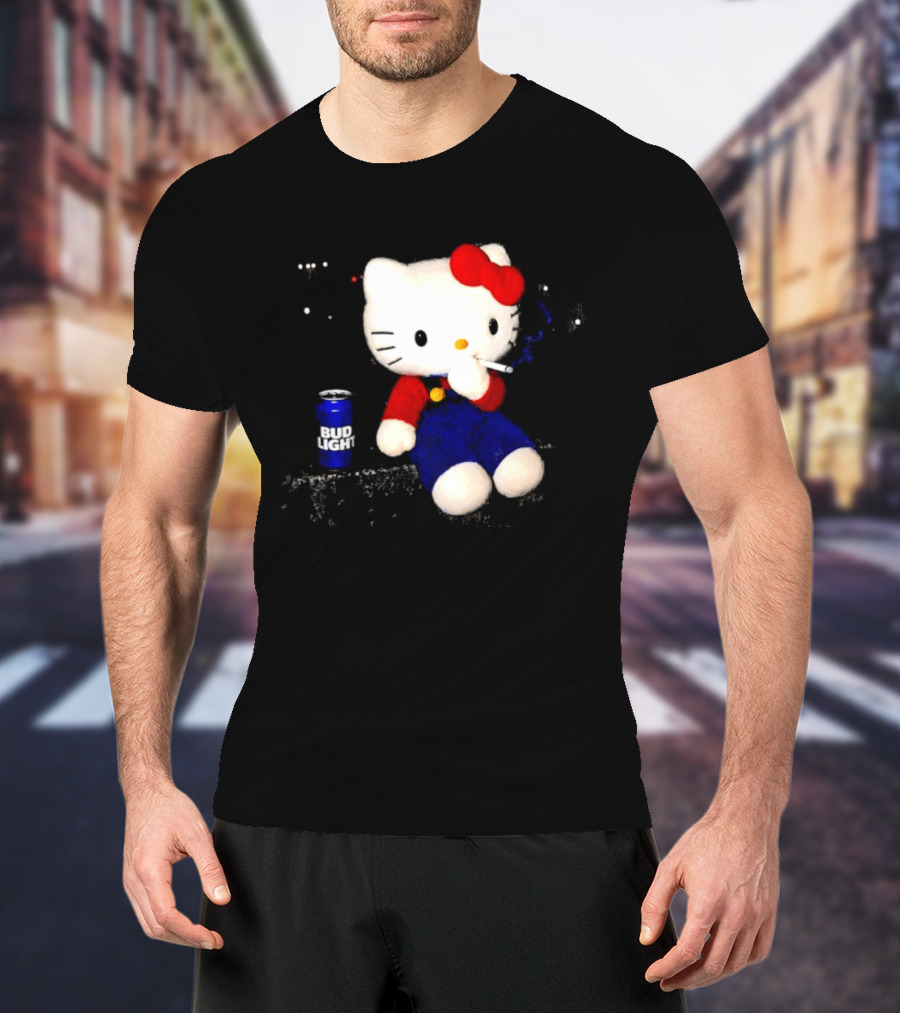 Hello Kitty With Smoking And Bud Light Can T-Shirt