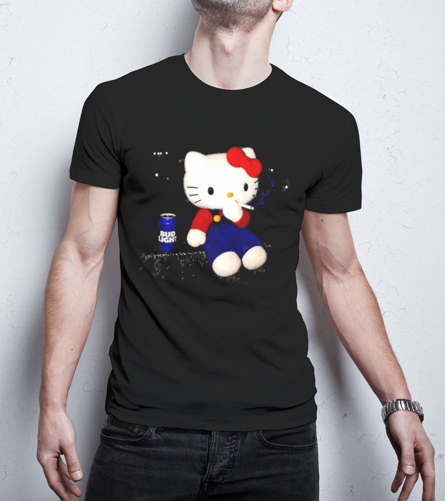 Hello Kitty With Smoking And Bud Light Can T-Shirt