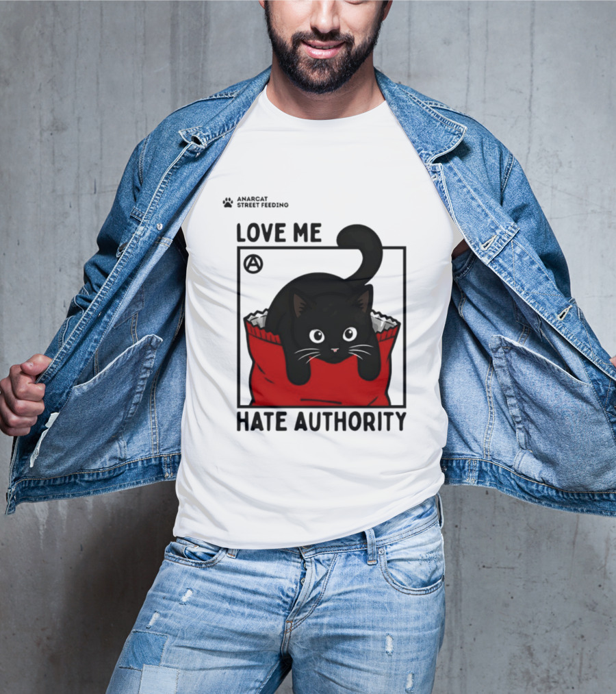 Anarcat Street Feeding Love Me Hate Authority Black Cat Red Bag T-Shirt
