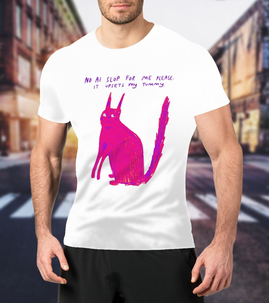 No AI Slop For Me Please It Upsets My Tummy Pink Cat T-Shirt