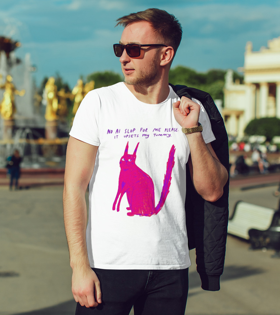 No AI Slop For Me Please It Upsets My Tummy Pink Cat T-Shirt